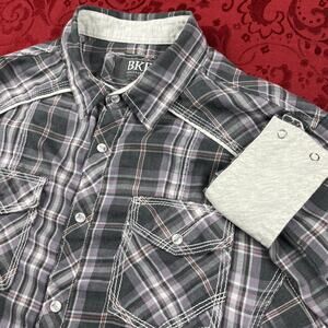 BKE Mens Shirt L Pearl Snap Plaid Flannel Button Up Long‎ Sleeve Tailored Fit